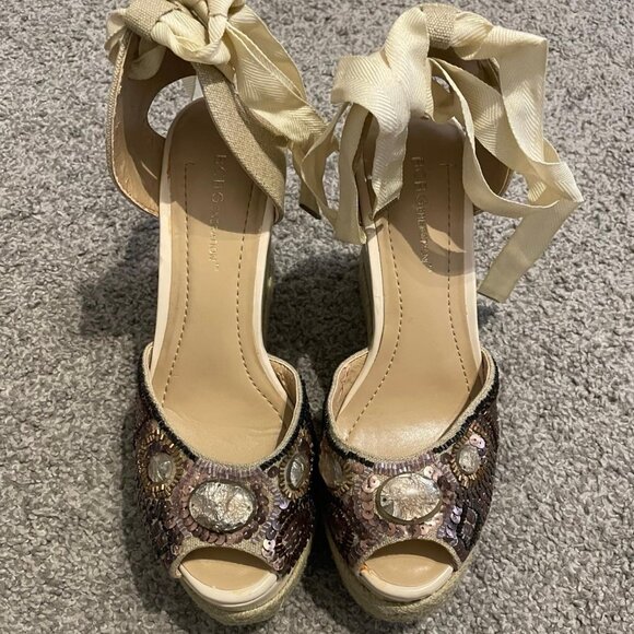 BCBGeneration Canvas Folas Beaded Espadrille Platform Wedge Heel Sandals Size 7 - Picture 1 of 10